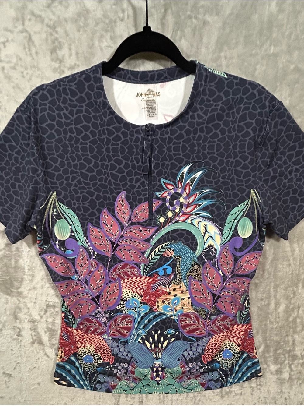 Johnny Was Navy Purple Teal Floral Zip-Front Short Sleeve Swim Tee